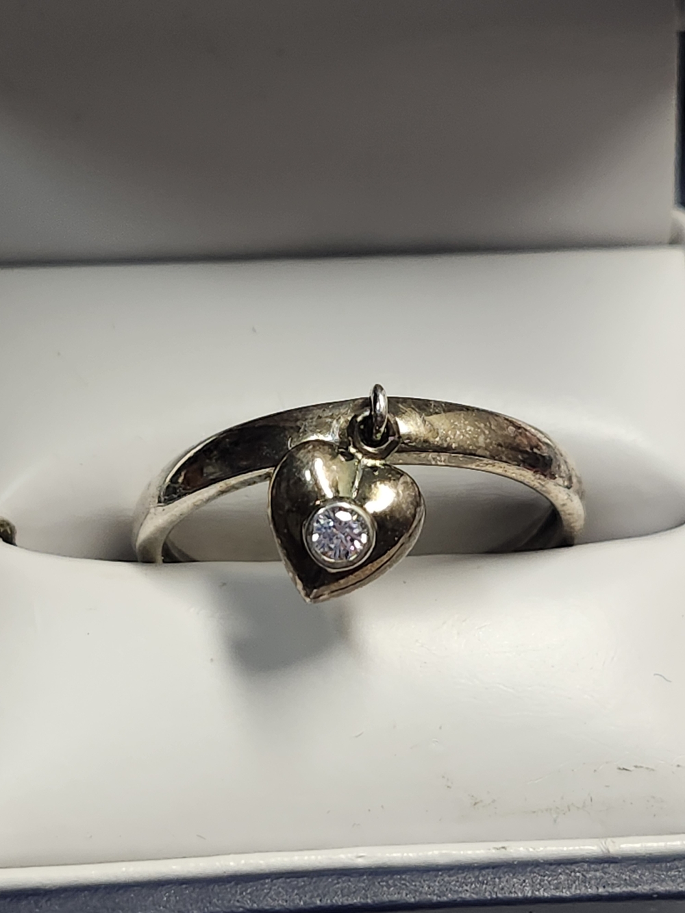 Vintage Sterling Silver Ring Size 10 With Dangle Heart Charm And Cz Stone